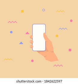 Smartphone in hand. Empty screen. Editable phone template vector illustration.