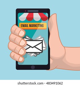 Smartphone hand and envelope icon. Email marketing message communication and media theme. Colorful design. Vector illustration