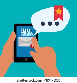 Smartphone hand and envelope icon. Email marketing message communication and media theme. Colorful design. Vector illustration
