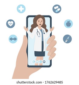 Smartphone in hand, female doctor with stethoscope on screen, surrounding with health icons. Online doctor, medical consultation and healthcare concept. Flat vector illustration.