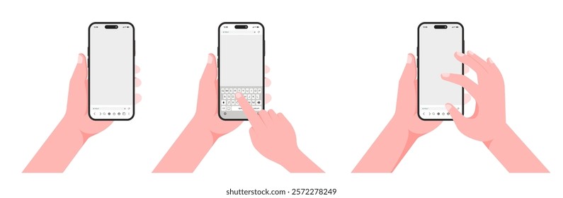 Smartphone Hand and Finger Mockup - Scrolling and Typing on Blank Screen with Keyboard in Mobile Browser. Vector.