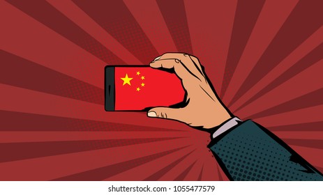 Teléfono inteligente en la mano. Bandera de China en la pantalla telefónica. Ilustración del vector
