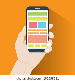 Smartphone in hand in flat design style isolated on orange background