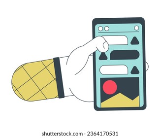 Smartphone in hand flat line concept vector spot illustration. Screen. Notifications on phone display 2D cartoon outline hand on white for web UI design. Editable isolated color hero image