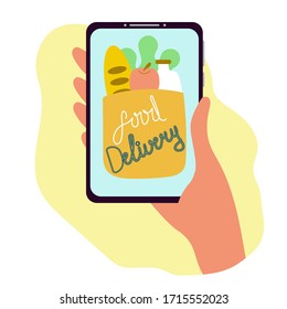 Smartphone in the hand, food delivery on the screen, online shop or market. Flat vector illustration.