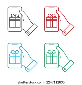 Smartphone in hand with gift box outline icon