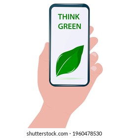 Smartphone in hand, green IT symbol. Environmental protection concept. Digital sustainability.