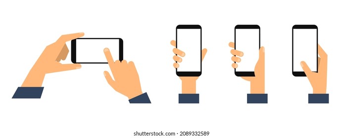 Smartphone in hand. Hands holding smartphone with blank white screen. Flat style. Vector illustration
