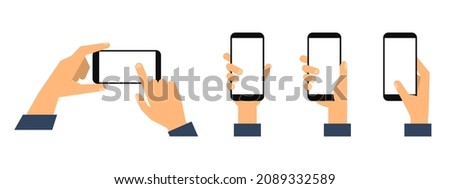 Smartphone in hand. Hands holding smartphone with blank white screen. Flat style. Vector illustration
