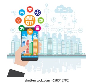 Smartphone in hand helps to focus in a smart city with advanced smart services, and augmented reality, social networking. Background, place for text