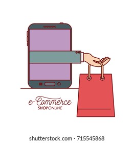 smartphone with hand holding a bag shopping e-commerce shop online on white background vector illustration