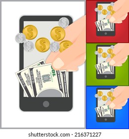 Smartphone With Hand Holding Dollar Banknotes, Gold and Silver Coins on Color Background.  Profit Concept. Vector illustration.
