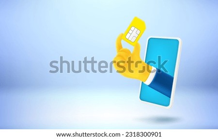 Smartphone and hand holding gold sim card. 3d vector banner with copy space
