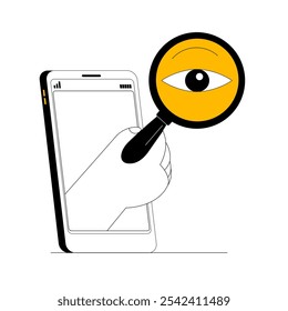 Smartphone hand holding a huge magnifying glass. Vector illustration. Smartphone assistant in searching for necessary online and offline information.