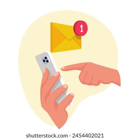 Smartphone in hand human of receiving an incoming message. SMS icon, mail. Vector illustration flat design. Incoming e-mail.