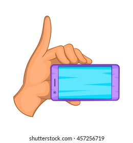 Smartphone in hand icon in cartoon style isolated on white background. Communication symbol
