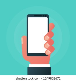 Smartphone in hand icon isolated on background. Blank screen. Vector illustration flat style. Template for design. Mobile telephone.