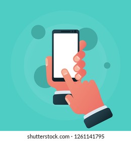 Smartphone in hand icon isolated on background. Blank screen. Vector illustration flat style. Template for design. Mobile telephone. Touch your finger across screen.