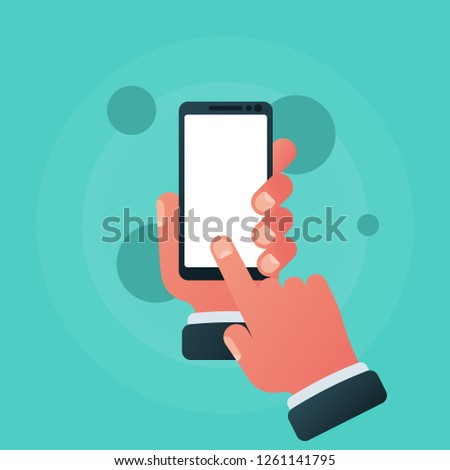 Smartphone in hand icon isolated on background. Blank screen. Vector illustration flat style. Template for design. Mobile telephone. Touch your finger across screen.