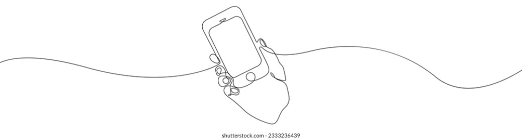Smartphone in der Hand Icon Linie kontinuierliche Zeichenkette Vektorgrafik. Eine Zeile Handy in der Hand Symbol, Vektorhintergrund. Hand, die das Telefon hält Symbol. Kontinuierliche Umrisslinie eines A-Telefongesprächs-Icons.