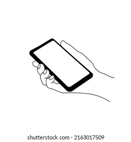 Smartphone in hand. Smartphone icon on white background illustration. Flat Icon Mobile Phone, Handphone. Cartoon hands hold smartphones with empty screens phone concept.  Modern Handphone Symbol. 