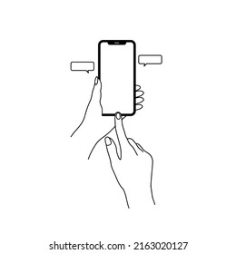 Smartphone in hand. Smartphone icon on white background illustration. Flat Icon Mobile Phone, Handphone. Modern Handphone Symbol. Cartoon  hands hold smartphones with empty screens phone concept 