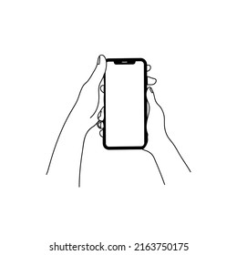Smartphone en mano. Icono de Smartphone en ilustración de fondo blanco. Teléfono móvil con icono plano, teléfono. Las manos de caricatura sostienen los smartphones con pantallas vacías concepto de teléfono.  Símbolo moderno de audífono. 
