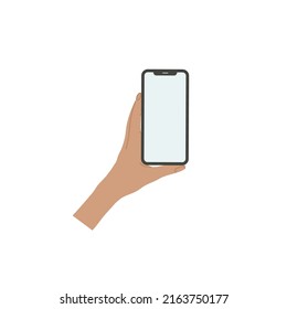 Smartphone in hand. Smartphone icon on white background illustration. Flat Icon Mobile Phone, Handphone. Cartoon hands hold smartphones with empty screens phone concept.  Modern Handphone Symbol. 
