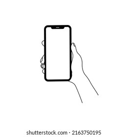 Smartphone en mano. Icono de Smartphone en ilustración de fondo blanco. Teléfono móvil con icono plano, teléfono. Las manos de caricatura sostienen los smartphones con pantallas vacías concepto de teléfono.  Símbolo moderno de audífono. 