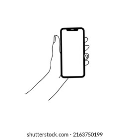 Smartphone in hand. Smartphone icon on white background illustration. Flat Icon Mobile Phone, Handphone. Cartoon hands hold smartphones with empty screens phone concept.  Modern Handphone Symbol. 