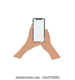 Smartphone en mano. Icono de Smartphone en ilustración de fondo blanco. Teléfono móvil con icono plano, teléfono. Las manos de caricatura sostienen los smartphones con pantallas vacías concepto de teléfono.  Símbolo moderno de audífono. 