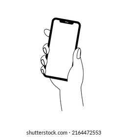 Smartphone in hand. Smartphone icon on white background illustration. Flat Icon Mobile Phone, Handphone. Cartoon hands hold smartphones with empty screens phone concept.  Modern Handphone Symbol. 