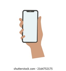 Smartphone en mano. Icono de Smartphone en ilustración de fondo blanco. Teléfono móvil con icono plano, teléfono. Las manos de caricatura sostienen los smartphones con pantallas vacías concepto de teléfono.  Símbolo moderno de audífono. 
