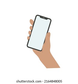 Smartphone en mano. Icono de Smartphone en ilustración de fondo blanco. Teléfono móvil con icono plano, teléfono. Las manos de caricatura sostienen los smartphones con pantallas vacías concepto de teléfono.  Símbolo moderno de audífono. 