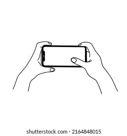 Smartphone in hand. Smartphone icon on white background illustration. Flat Icon Mobile Phone, Handphone. Cartoon hands hold smartphones with empty screens phone concept.  Modern Handphone Symbol. 
