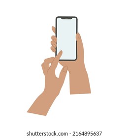 Smartphone in hand. Smartphone icon on white background illustration. Flat Icon Mobile Phone, Handphone. Cartoon hands hold smartphones with empty screens phone concept.  Modern Handphone Symbol. 