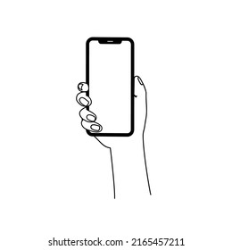 Smartphone in hand. Smartphone icon on white background illustration. Flat Icon Mobile Phone, Handphone. Cartoon hands hold smartphones with empty screens phone concept.  Modern Handphone Symbol. 