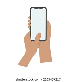 Smartphone en mano. Icono de Smartphone en ilustración de fondo blanco. Teléfono móvil con icono plano, teléfono. Las manos de caricatura sostienen los smartphones con pantallas vacías concepto de teléfono.  Símbolo moderno de audífono. 