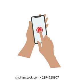 Smartphone in hand. Smartphone icon on white background illustration. Touch screen hand gestures. Cartoon hands hold smartphones with empty screens phone concept. Modern Handphone Symbol. Touch screen
