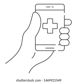 Smartphone in hand icon. Outline smartphone in hand vector icon for web design isolated on white background