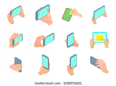 Smartphone in hand icon set. Cartoon set of smartphone in hand vector icons for web design isolated on white background