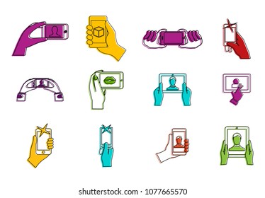 Smartphone in hand icon set. Color outline set of smartphone in hand vector icons for web design isolated on white background