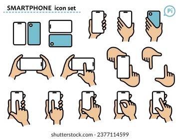 Smartphone and hand icon set with simple line drawing