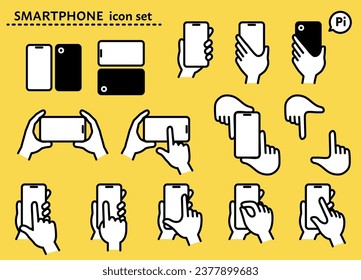 Smartphone and hand icon set with simple line drawing