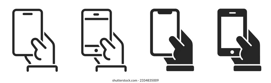 Los iconos de Smartphone en la mano se configuran. Mano sosteniendo un smartphone. Símbolo de pulsación de pantalla táctil de Smartphone. Línea de teléfono móvil e icono de estilo diferente plano - vector stock.