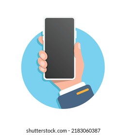 Smartphone in hand illustration in flat style. Mobile device vector illustration on isolated background. Gadget sign business concept.