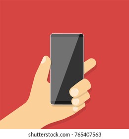 Smartphone in hand illustration in flat style. Vector