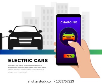 Smartphone in hand with information about the status of the charge of your electric car. Against the background of the charging car station and the city with skyscrapers in the background.