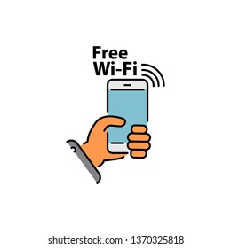 smartphone in hand and the inscription free Wi-FI color vector icon, sign, symbol. network Wi-FI