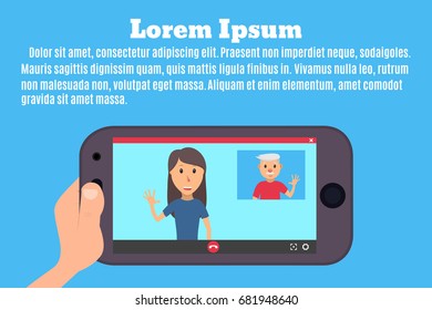 Smartphone in hand. The interface of the video call application. Video chat between father and daughter. Vector illustration in a flat style